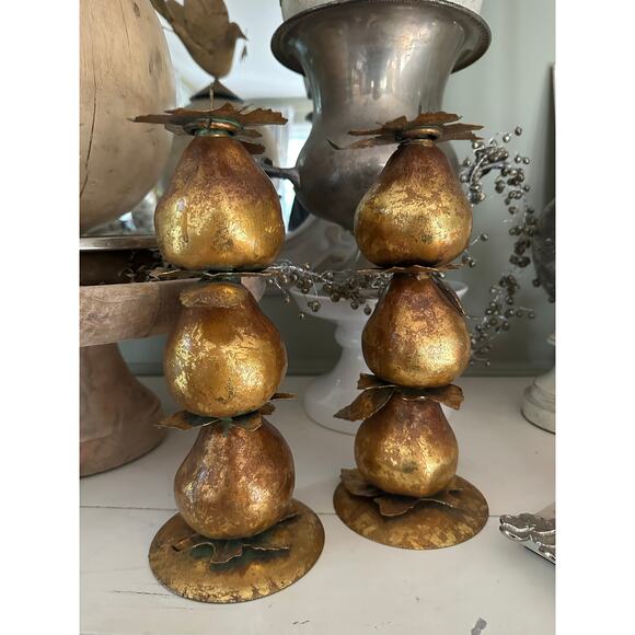 Vintage Gold Leaf Gilded Pear Candle Holders centerpiece set 2 fall decor 11x4” - Picture 6 of 11